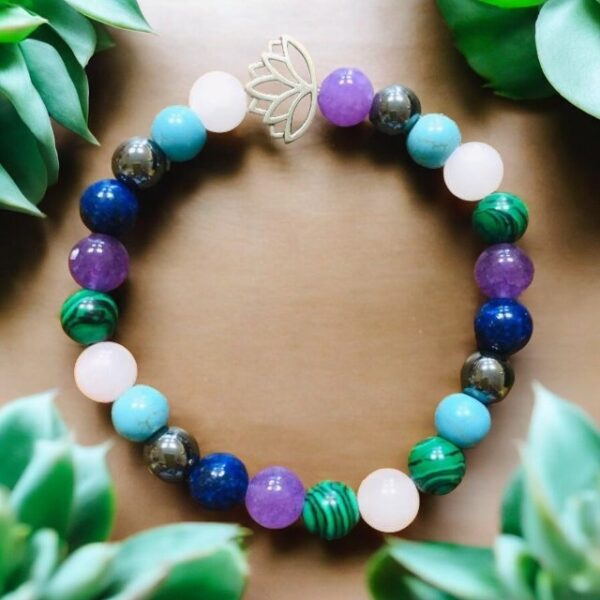Náramek Růženín, hematit, ametyst, tyrkys, malachit, lapis lazuli s lotosem
